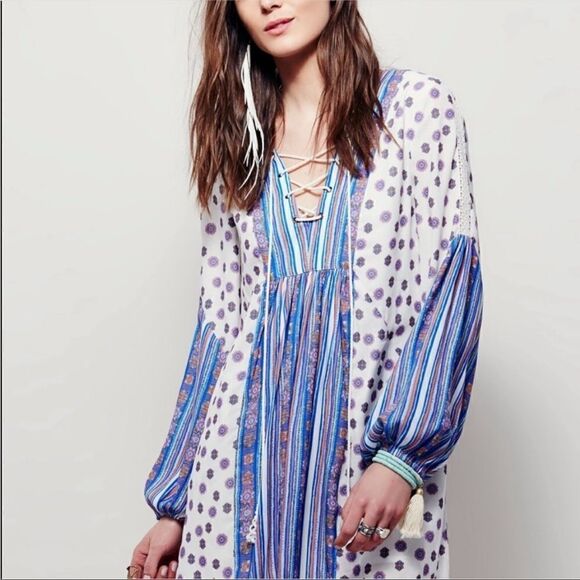 Free People Rain Shine Printed Lace-Up Swing Dress NWT
